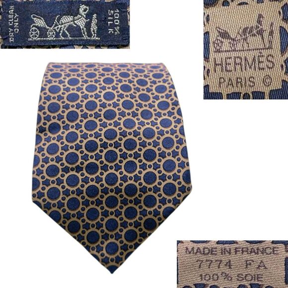 Hermes Paris Tie 7774 FA Blue Beige Circle Geometric Print 100% Silk France - Picture 1 of 6